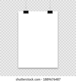 Blank poster hanging on clips. A4 paper page In portrait formats. Realistic white paper sheet. Mockup poster for design.