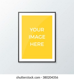 Blank poster mock up with black frame on concrete wall. Realistic vector A4 white sheet mockup template
