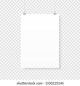 Blank poster mockup isolated on transparent background in realistic style. Paper sheet template. Vector illustration.
