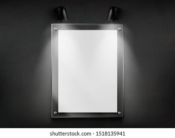 Blank poster or photograph glass frame hanging in dark room, illuminated two wall mounted lamps 3d realistic vector illustration. Art gallery exhibition galley artwork case, vertical signboard mockup