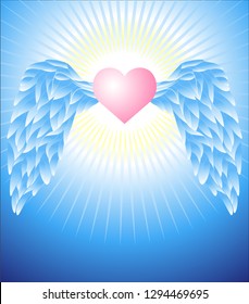 blank for a poster, a postcard with the image of a flying winged heart, personifying love, can be used as a template, cover design, album, poster, single and other design