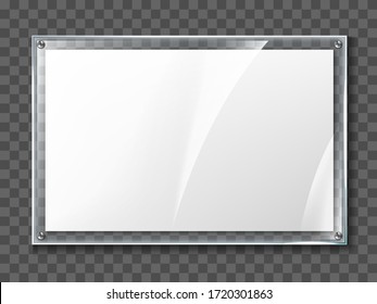 Blank poster in realistic glass frame isolated on transparent background. Transparent wall acrylic photo poster with display frame