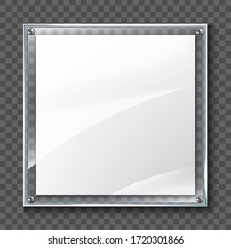 Blank Poster In Realistic Glass Frame Isolated On Transparent Background. Transparent Wall Acrylic Photo Poster With Display Frame