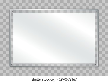 Blank poster in realistic glass frame. Rectangular photo frame. Realistic mockup glass banner on transparent background. Vector illustration.