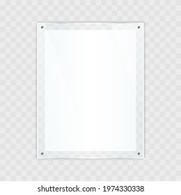 Blank poster in realistic glass frame. Rectangular photo frame. Realistic mockup glass banner on transparent background. Vector illustration.