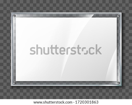 Blank poster in realistic glass frame isolated on transparent background. Transparent wall acrylic photo poster with display frame