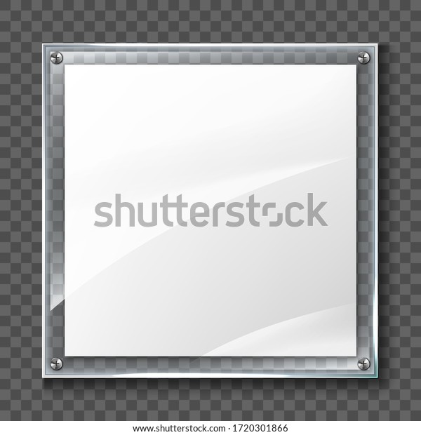 Blank poster in realistic glass frame isolated on\
transparent background. Transparent wall acrylic photo poster with\
display frame