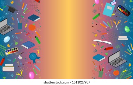 Blank poster with school subjects and a place for inscription. Colorful background for September 1, the day of knowledge, Happy Teacher's Day. 
Colored cover with school symbols, flat design. Vector 