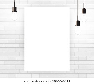 Blank poster template with light bulbs, white brick background, vector illustration