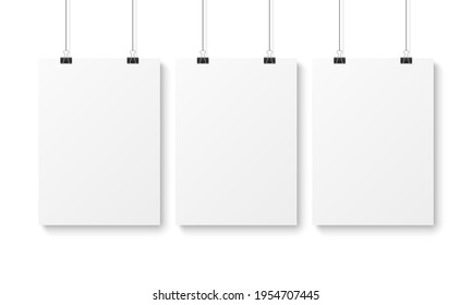 Blank poster template White advertising hanging vertical paper pages. Picture, document or banner presentation mockup, empty clean a4 sheets on clip vector realistic isolated set