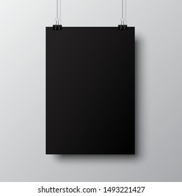 Blank posters hanging with shadows. Hanging black paper on binders. A4 paper page, mockup, sheet on wall - vector