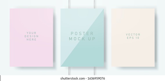 Blank posters mockup in pastel color tones with drop shadows. Realistic template for print production: covers, flyers, banners.