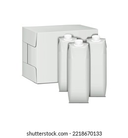 Blank pour spout carton with screw cap set and cardboard box packaging isolated on white background vector mockup. Milk, juice or other drink pack. Template for design