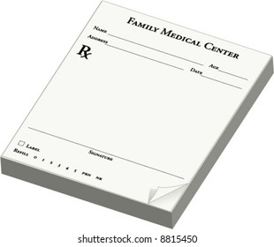 A Blank Prescription Form And Curled Edge Pad, Vector Illustration