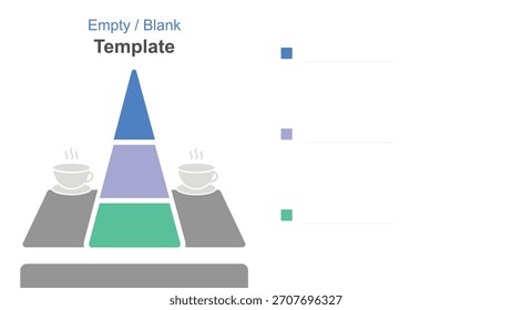 Una diapositiva de presentación en blanco que muestra una infografía piramidal con secciones apiladas y coloreadas, tazas de café y cuadros de texto de marcador de posición para sus datos personalizados.