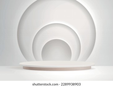 Blank product stand background. Realistic vector white round podium, pedestal or platform background for cosmetic product presentation. 3d podium.