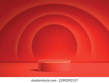 Blank product stand background. Realistic vector red round podium, pedestal or platform background for cosmetic product presentation. 3d podium.