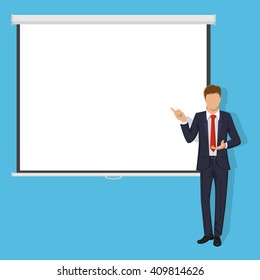 Blank Projection screen. Modern handsome business man  dressed in a suit. Successful Teacher giving lecture, training, seminar or presentation. Isolated on blue background. Flat Vector illustration