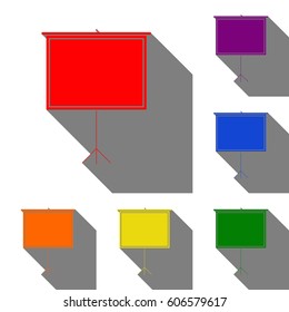 Blank Projection screen. Set of red, orange, yellow, green, blue and violet icons at white background with flat shadow.