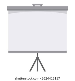 La pantalla de proyección en blanco está de pie sobre un trípode, lista para una presentación o conferencia importante