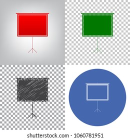 Blank Projection screen. Vector. 4 styles. Red gradient in radial lighted background, green flat and gray scribble icons on transparent and linear one in blue circle.