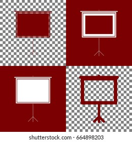 Blank Projection screen. Vector. Bordo and white icons and line icons on chess board with transparent background.