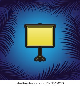 Blank Projection screen. Vector. Golden icon with black contour at blue background with branches of palm trees.
