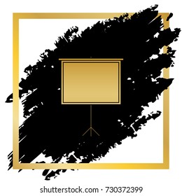 Blank Projection screen. Vector. Golden icon at black spot inside golden frame on white background.