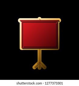 Blank Projection screen. Vector. Red icon with small black and limitless shadows at golden sticker on black background.