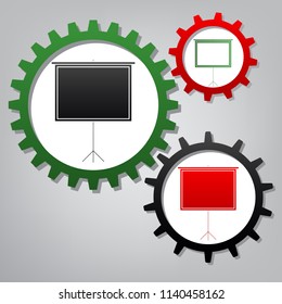 Blank Projection screen. Vector. Three connected gears with icons at grayish background.