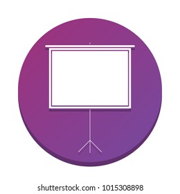 Blank Projection screen. Vector. White icon with flat shadow on purpureus circle at white background. Isolated.