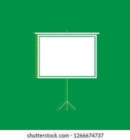 Blank Projection screen. Vector. White flat icon with yellow striped shadow at green background.