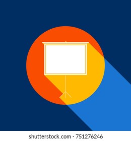 Blank Projection screen. Vector. White icon on tangelo circle with infinite shadow of light at cool black background. Selective yellow and bright navy blue are produced.