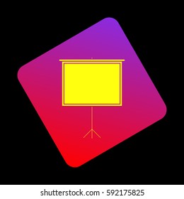Blank Projection screen. Vector. Yellow icon at violet-red gradient square with rounded corners rotated for dynamics on black background.