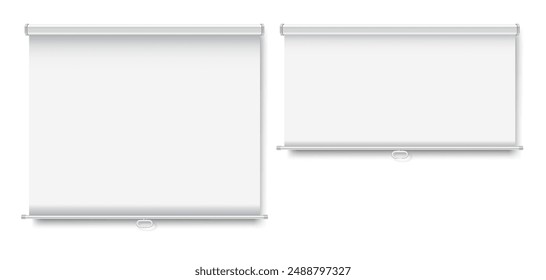 Blank projection screens realistic vector illustration set. Information presentation. Office and education equipment on white background