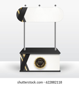 Blank promotion counter, Roll up banner stand, Booth template black and gold color on a white background, Technology square abstract background, vector Illustration.