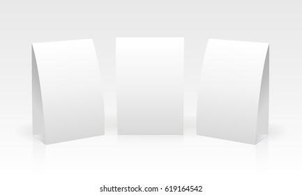 Blank promotional table talkers isolated. Mockups can be used for design main service menu or list helping in restaurants, pubs, delis or anywhere else that sells food. Vector illustration