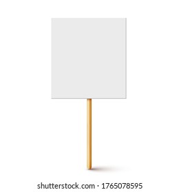 Blank protest sign with wooden holder. Realistic vector demonstration banner. Strike action cardboard placard mockup. 