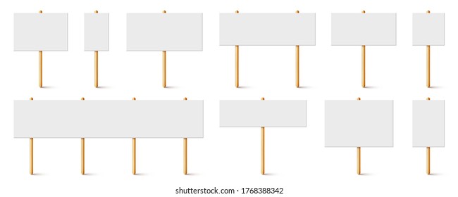 Blank protest sign with wooden holder. Realistic vector demonstration banner. Strike action cardboard placard mockup. 