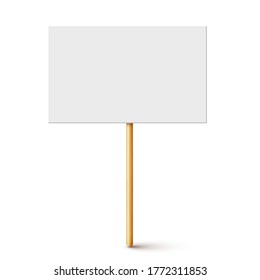 Blank protest sign with wooden holder. Realistic vector demonstration banner. Strike action cardboard placard mockup. 