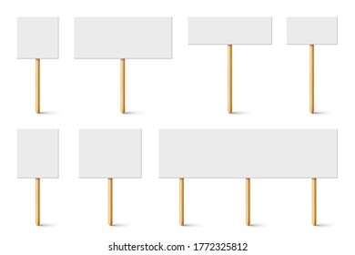 Blank protest sign with wooden holder. Realistic vector demonstration banner. Strike action cardboard placard mockup. 