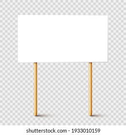 Blank protest sign with wooden holder. Realistic vector demonstration banner. Strike action cardboard placard mockup.