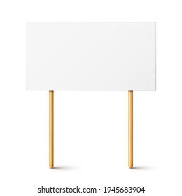 Blank protest sign with wooden holder. Realistic vector demonstration banner. Strike action cardboard placard mockup.
