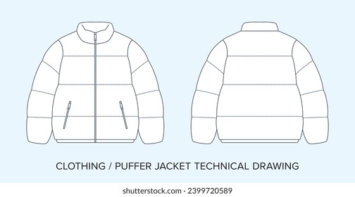 Blank Puffer Jacket Technical Drawing, Apparel Blueprint for Fashion Designers. Detailed Editable Vector Illustration, Black and White Clothing Schematics, Isolated Background.  svg