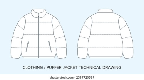 Blank Puffer Jacket Technical Drawing, Apparel Blueprint for Fashion Designers. Detailed Editable Vector Illustration, Black and White Clothing Schematics, Isolated Background. 