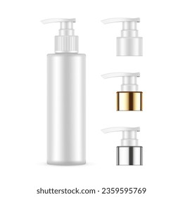 Blank Pump Bottle Mock Up With Plastic, Metallic, Golden Caps, Isolated on White Background. Vector Illustration