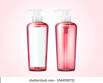 Blank pump bottle, pink cosmetic containers set with label in 3d illustration on pink background