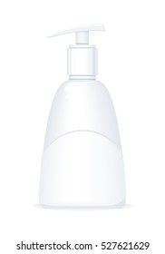 Blank pumper dispenser of shampoo or soap. Plastic tube with pump for cosmetics on blue background. Product for body care, beauty, health, freshness, youth, hygiene. Realistic vector illustration.