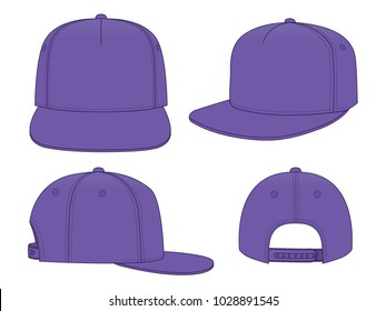 Blank Purple 5-Panels Hip Hop Cap with Adjustable Snap Back Closure Template on White Background, Vector File.