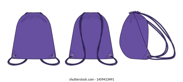 Blank Purple Drawstring Shoulder Bag Template Vector On White Background.Front Back and Side View.